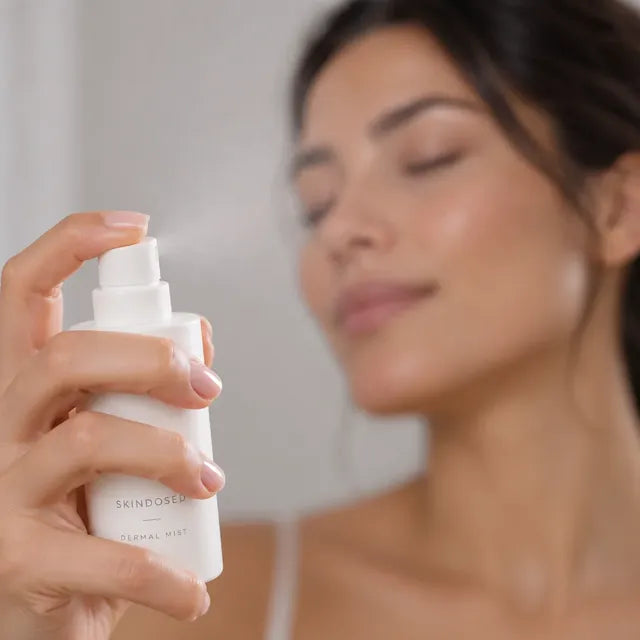 Spraying SkinDosed Dermal Mist on to the face