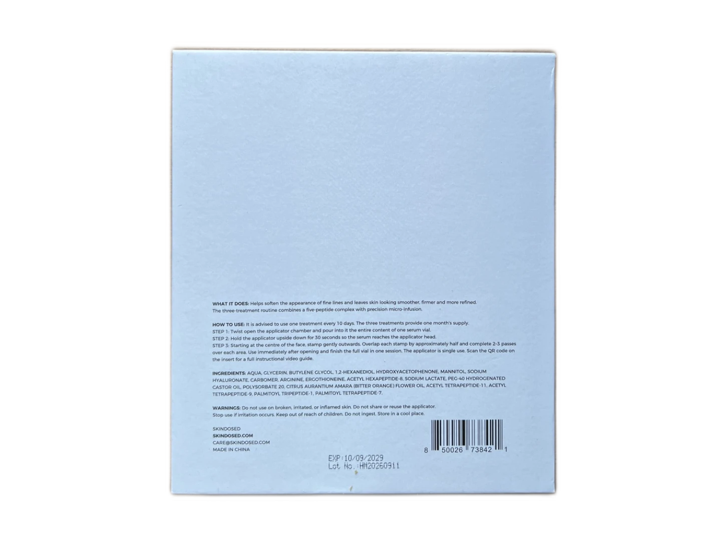 Back of the SkinDosed box with directions and ingredients