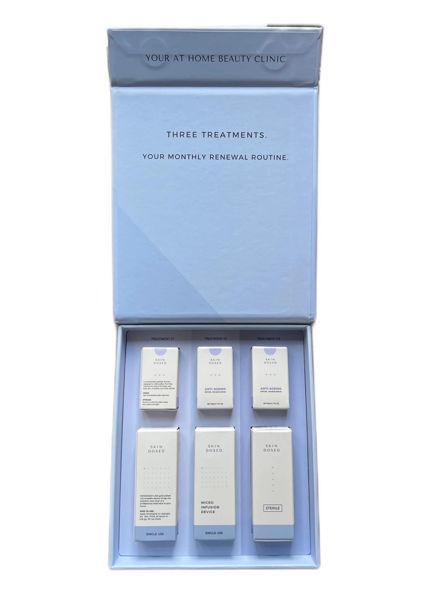 Open SkinDosed box showing three treatments and three single-use applicators