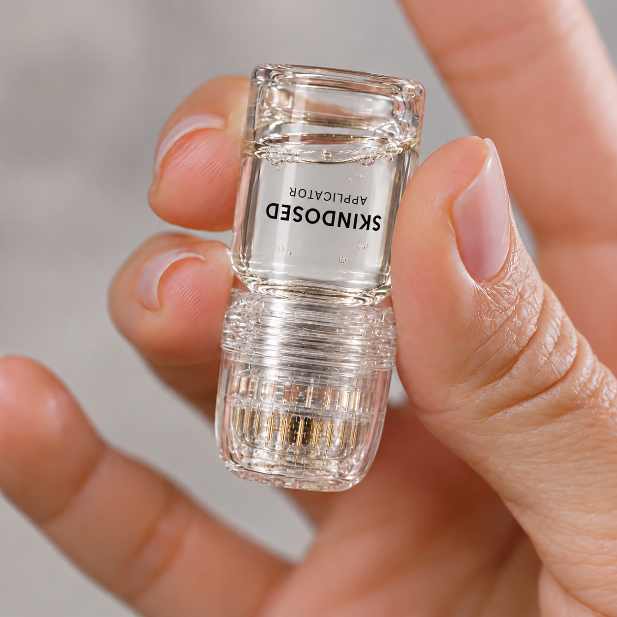 Close-up of a SkinDosed single-use applicator held between fingers