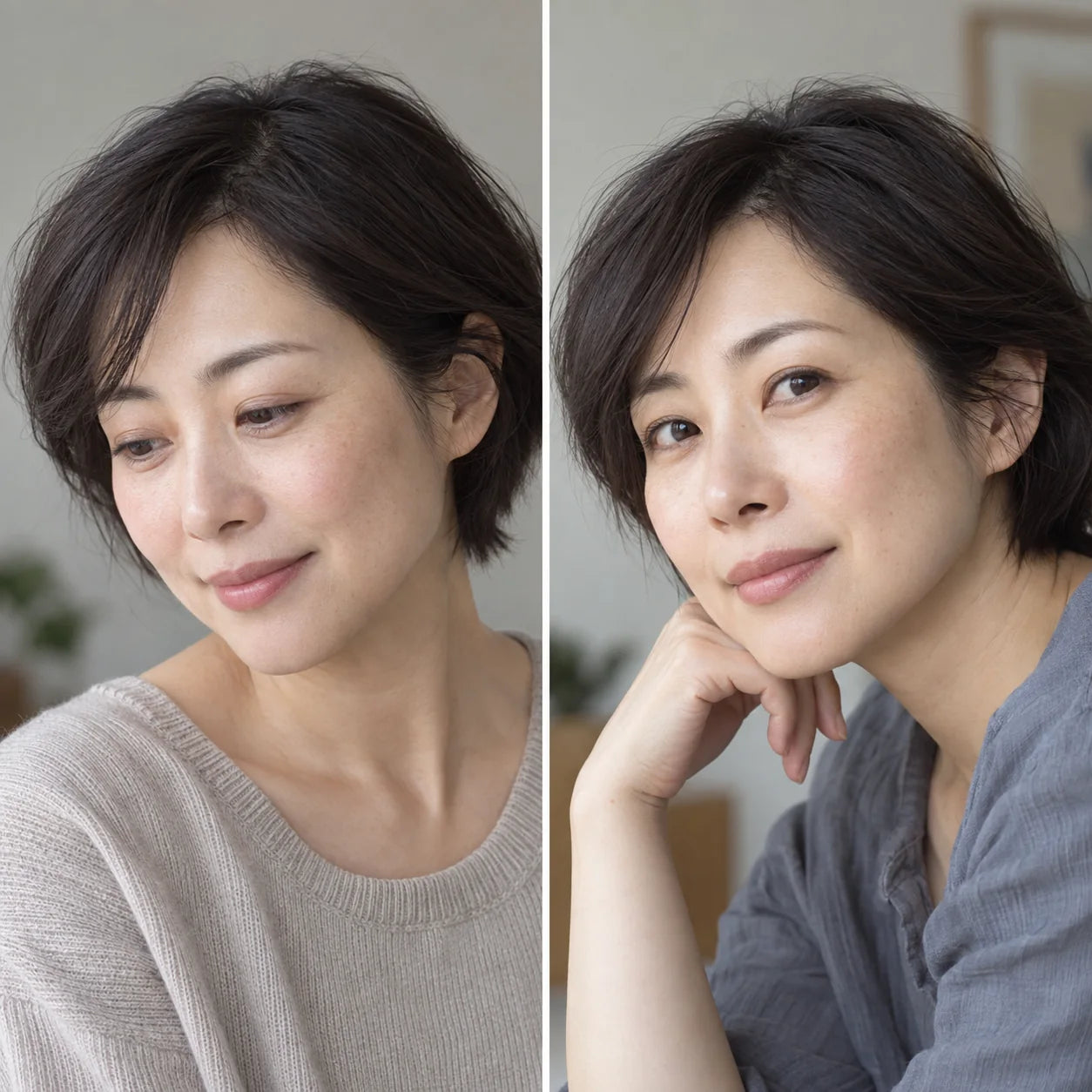 AI-generated paired portrait concept with different poses; not a real customer or treatment result