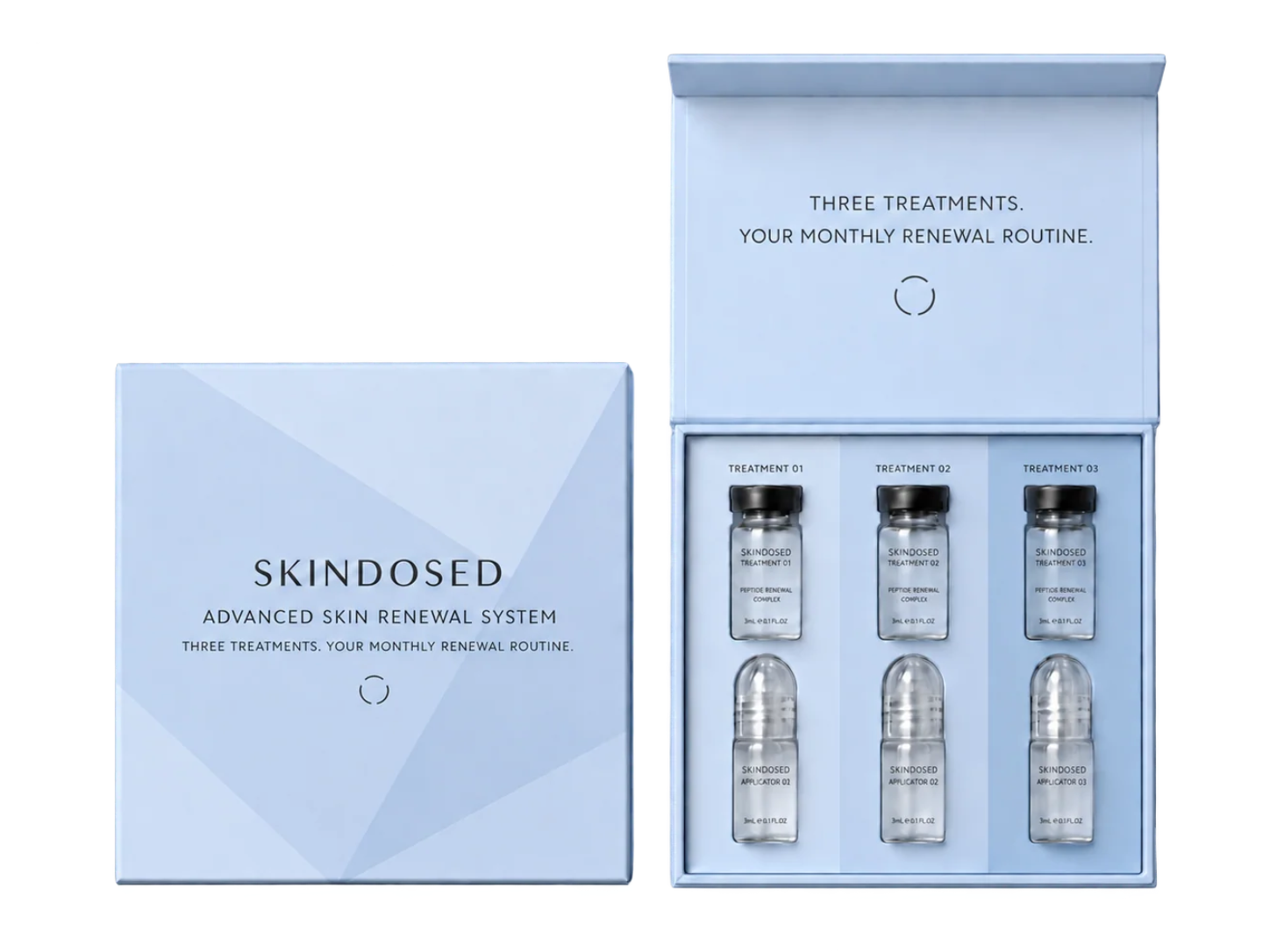 SkinDosed box showing three single-use applicators and serum bottles